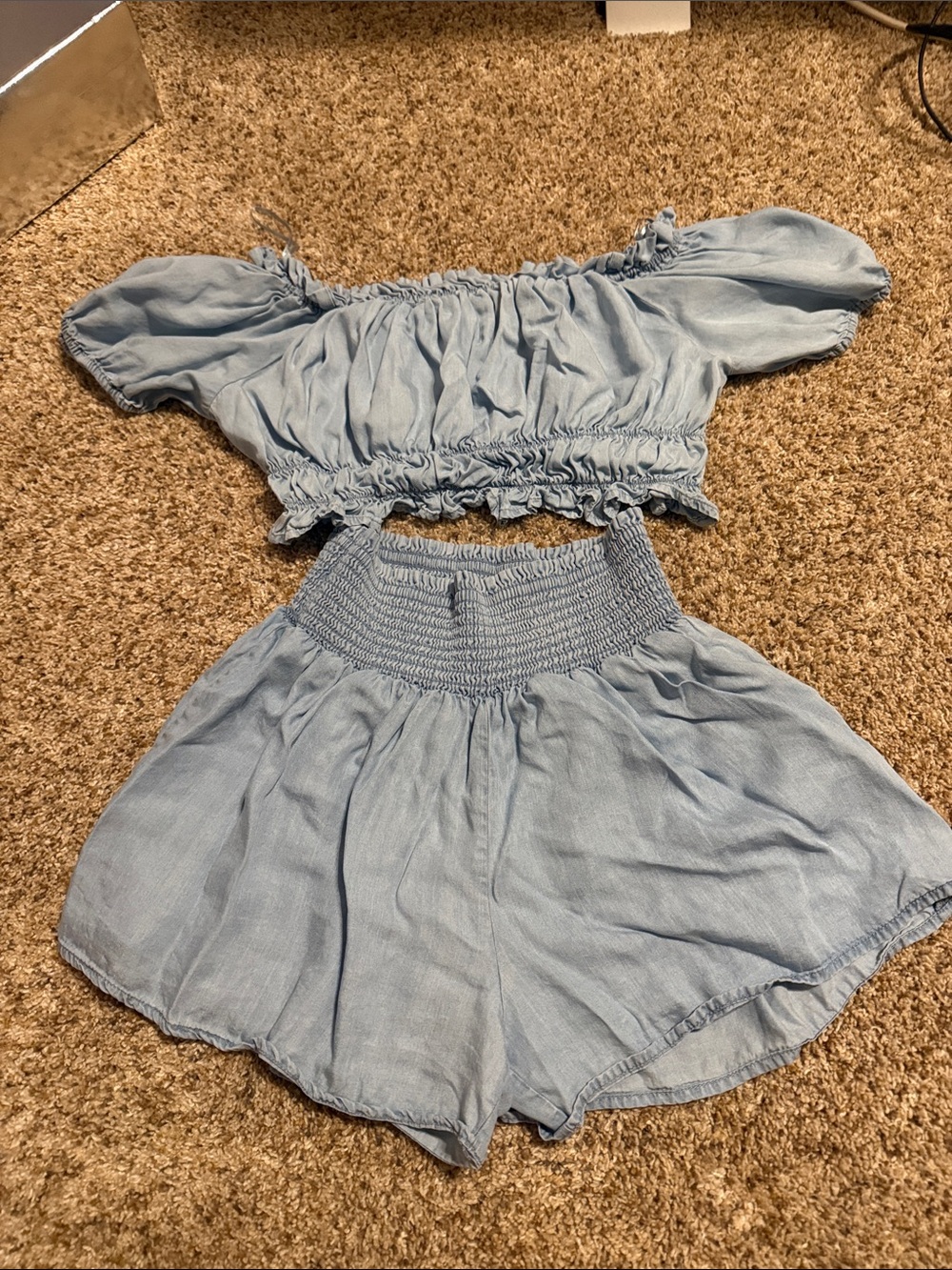 Love Tree Light Blue Two-Piece Off-Shoulder Top & Smocked Waist Shorts